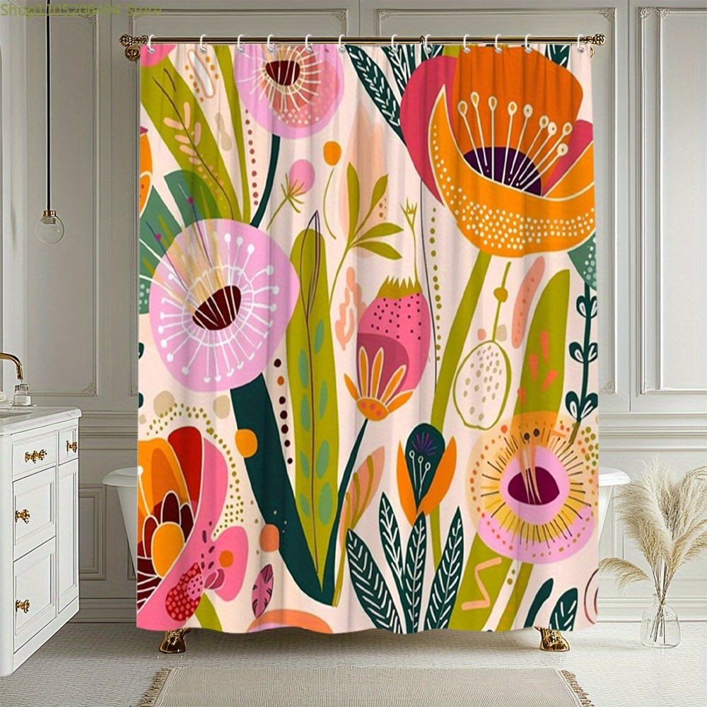 Home Bathroom Decor Ideas - Lebendiger Blumenmuster-Duschvorhang, Abstraktes Botanisches Design, Wasserdichter