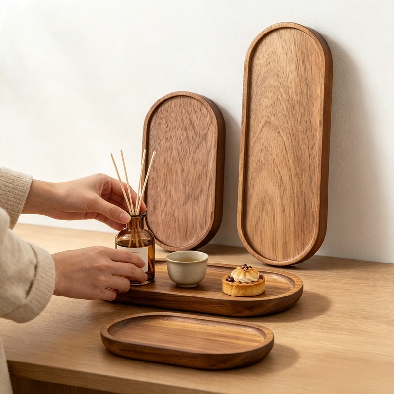 Zara Home Bathroom Tray - Japanischer Stil Massivholz Serviertablett Rund Rechteckig