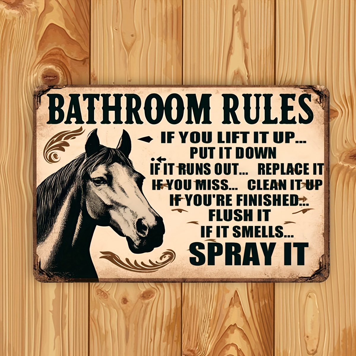 Home Bathroom Rules - Ein Vintage-Metallschild mit humorvollen Badezimmerregeln und