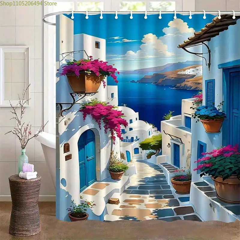 Home Bathroom Decor Ideas - Santorini Griechische Insel Duschvorhang Blau-Weißes Dorf