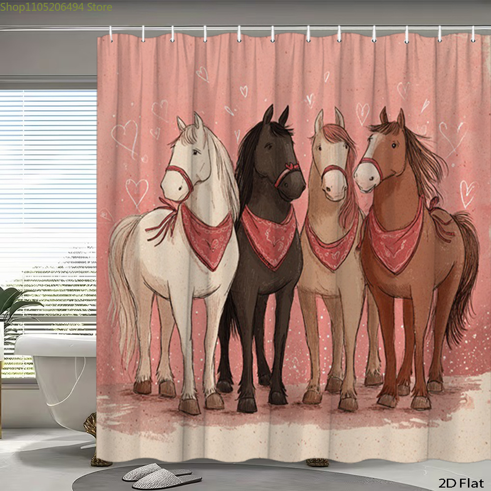 Home Bathroom Decor Ideas - Niedlicher Duschvorhang mit Pferden, Cartoon-Tier-Design, wasserdichter